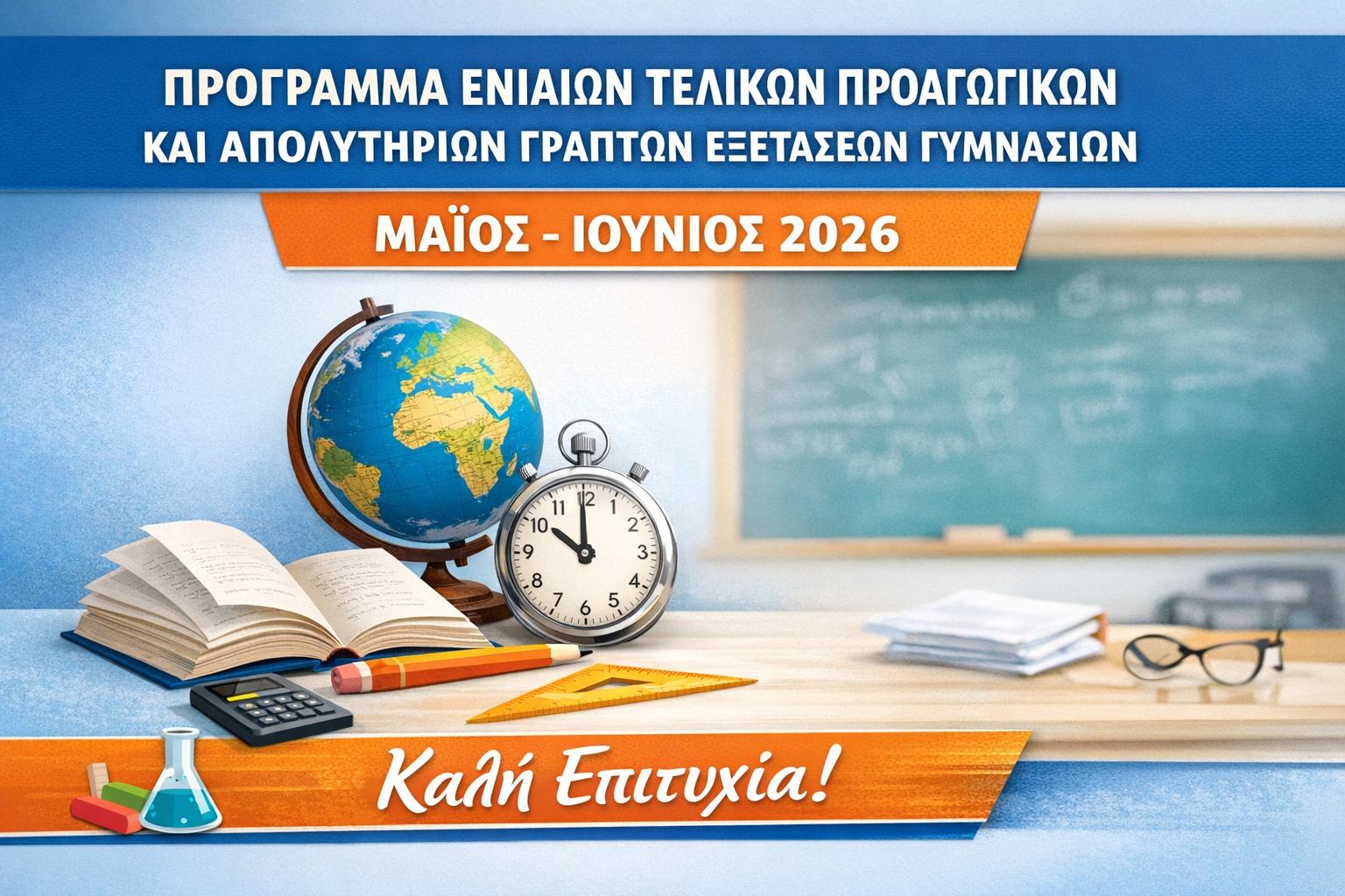 ΠΡΟΓΡΑΜΜΑ ΕΝΙΑΙΩΝ ΤΕΛΙΚΩΝ ΠΡΟΑΓΩΓΙΚΩΝ ΚΑΙ ΑΠΟΛΥΤΗΡΙΩΝ ΓΡΑΠΤΩΝ ΕΞΕΤΑΣΕΩΝ ΓΥΜΝΑΣΙΩΝ ΜΑΪΟΣ - ΙΟΥΝΙΟΣ 2026